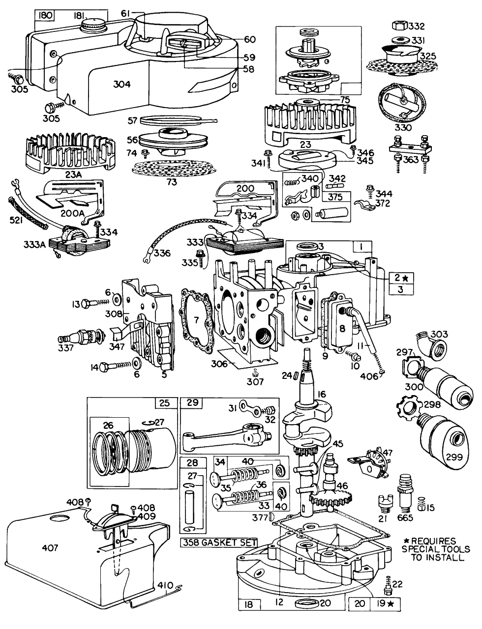 Cyl, Mufflers, Piston, Sump Diagram and Parts List for 81702-0144-XX  Briggs and Stratton Engine